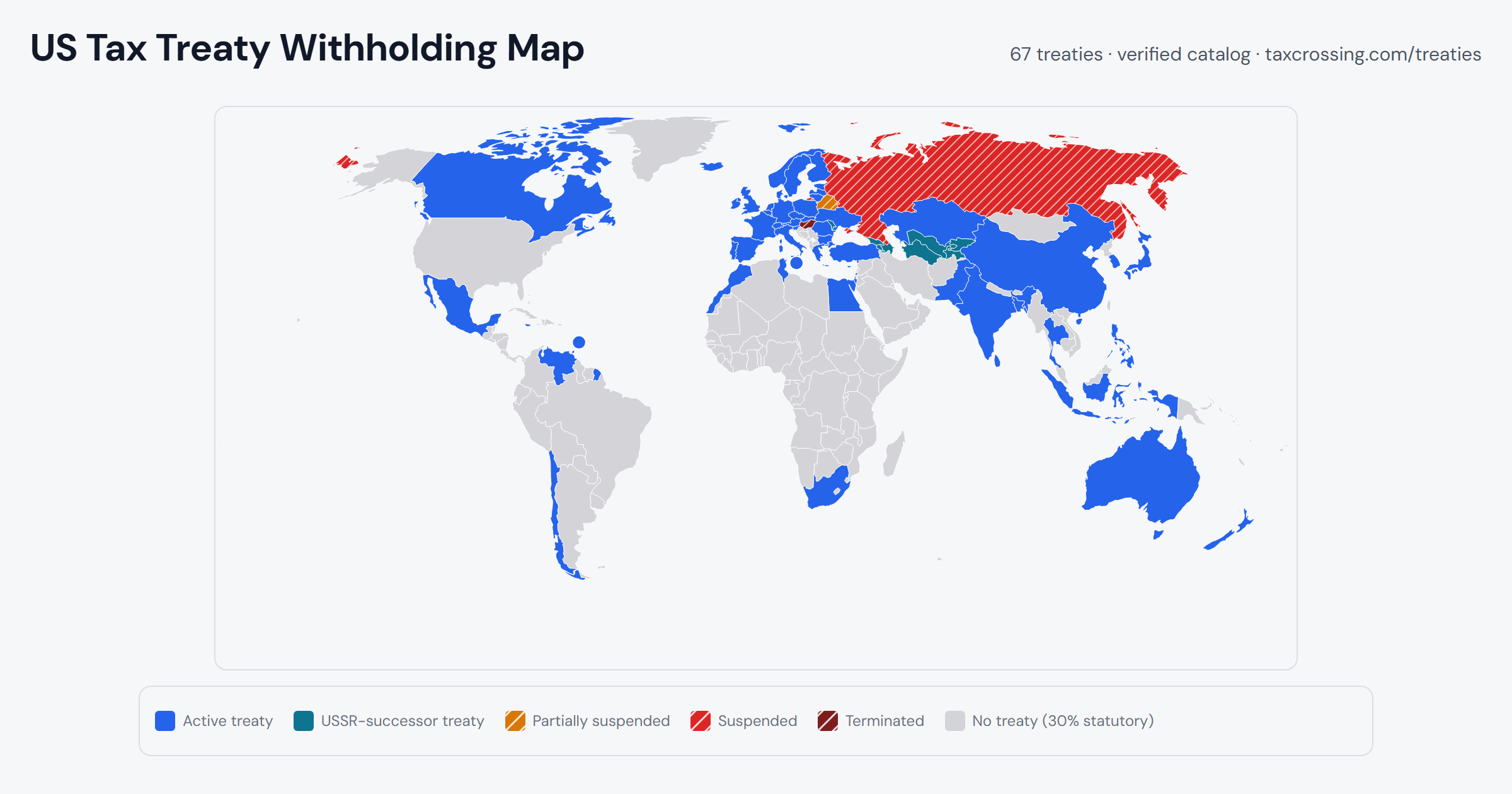 World map of US tax treaty withholding status